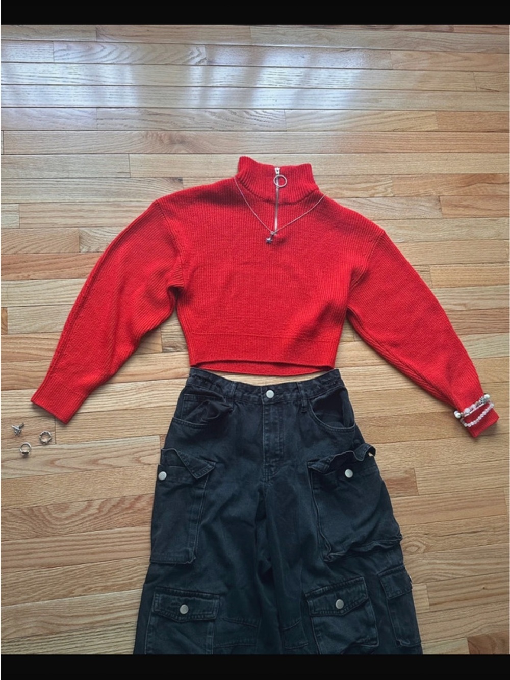 Divided Red Cropped Zip Mock-Neck Sweater